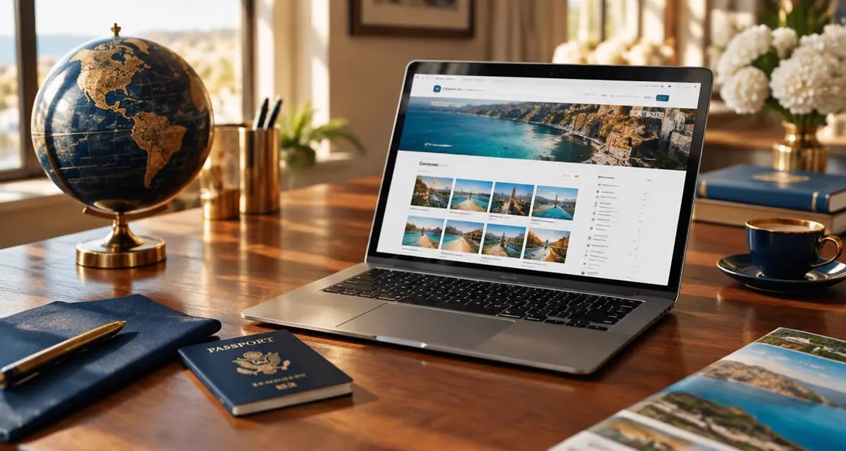 Mesa de agente de viagens com notebook e passaporte